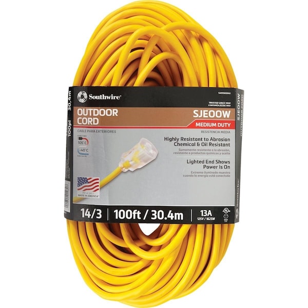 Southwire SJEOOW Extension Cord, 14 AWG, Outdoor, 14/3, 1 Outlets, 5-15R, Yellow, 5-15P, 100 ft 1489SW0002 - main